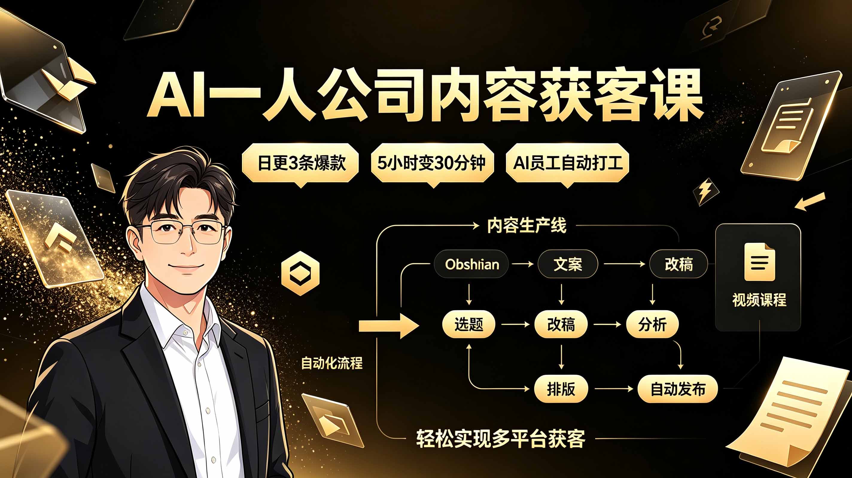 AI一人公司内容获客课:日更3条爆款×5小时变30分钟×AI员工自动打工,轻松实现多平台获客-我家网