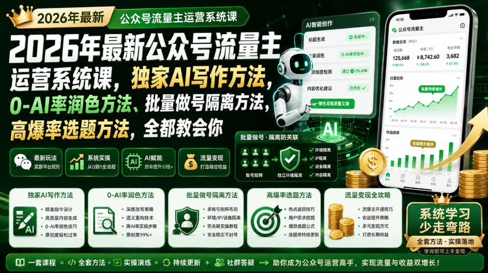 2026年最新公众号流量主运营系统课,独家AI写作方法,0-AI率润色方法、批量做号隔离方法、高爆率选题方法,全都教会你-悠悠云网创
