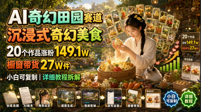 AI奇幻田园赛道,沉浸式奇幻美食,20个作品涨粉149.1W,橱窗带货27W件,小白可复制,详细教程拆解-悠悠云网创