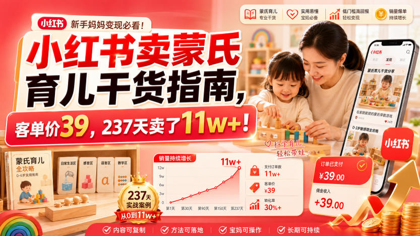 小红书卖蒙氏育儿干货指南,客单价39,237天卖了11w+!-悠悠云网创