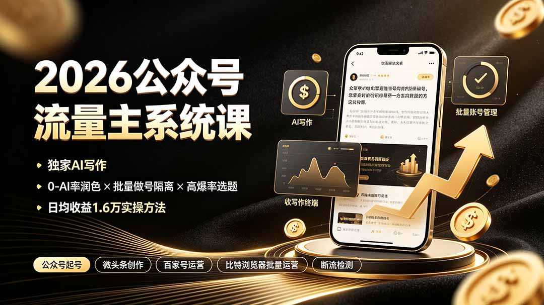 2026公众号流量主系统课:独家AI写作×0-AI率润色×批量做号隔离×高爆率选题,日均收益1.6万实操方法-悠悠云网创