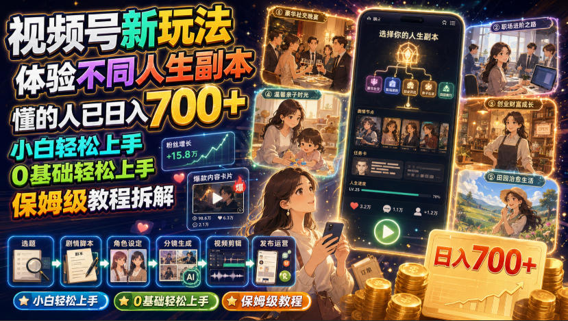 视频号新玩法体验不同人生副本,懂的人已日入700+,小白轻松上手,0基础轻松上手,保姆级教程拆解-清风网创
