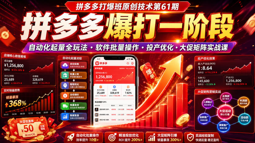 拼多多打爆班原创技术第61期,拼多多爆打一阶段,自动化起量全玩法・软件批量操作・投产优化・大促矩阵实战课-清风网创