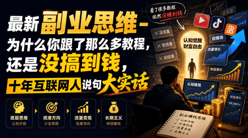 最新副业思维-为什么你跟了那么多教程,还是没搞到钱,十年互联网人说句大实话【揭秘】-清风网创