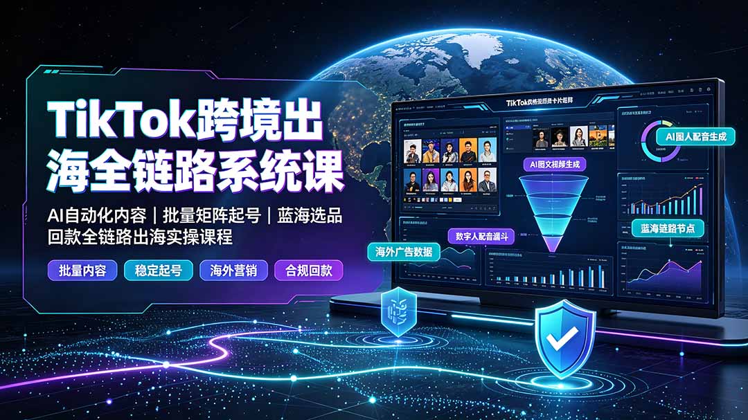 TikTok跨境出海全链路系统课-2026年7月:AI自动化内容|批量矩阵起号|蓝海选品回款全链路出海实操课程-清风网创