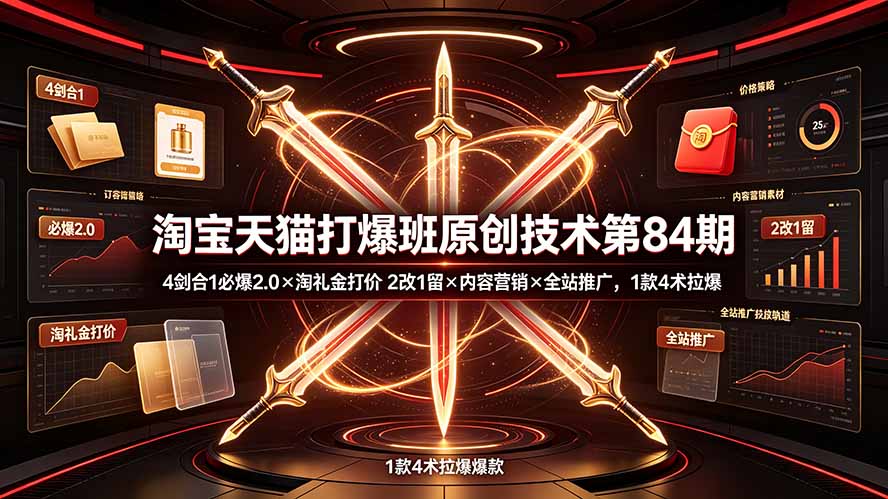 淘宝天猫打爆班原创技术第84期:4剑合1必爆2.0×淘礼金打价×2改1留×内容营销×全站推广,1款4术拉爆-清风网创