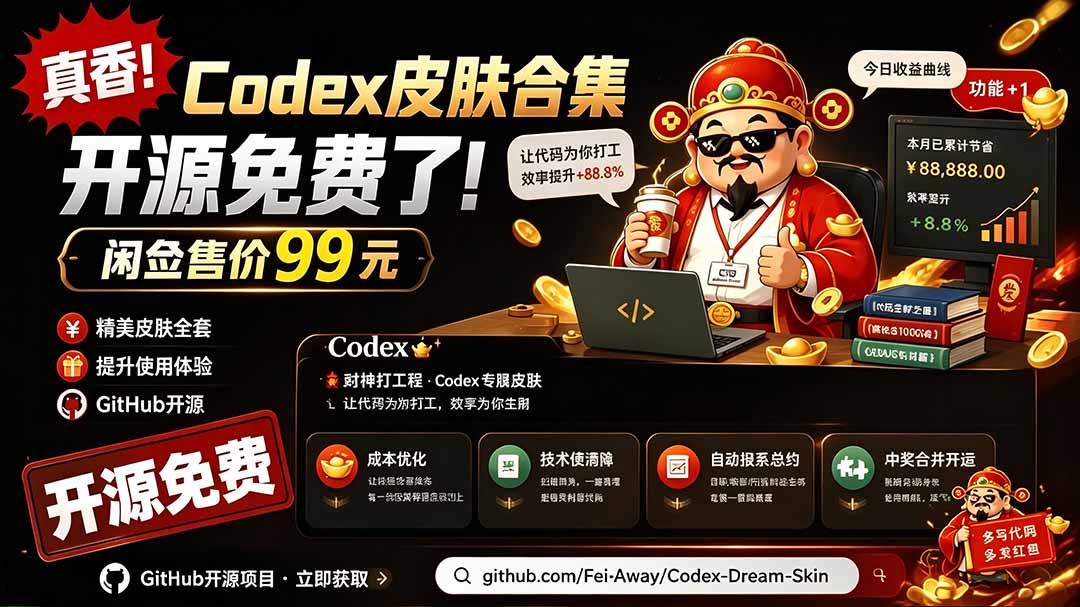 闲鱼售卖99元的Codex皮肤包,GitHub 免费开源了!让你的codex变成精美界面 Codex Dream Skin-清风网创