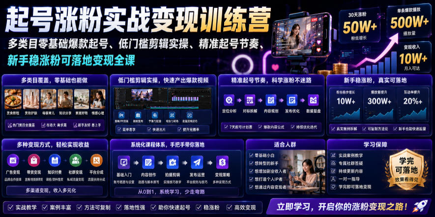 苗子起号涨粉实战变现训练营,多类目零基础爆款起号、精准起号节奏、新手稳涨粉可落地变现全课(更新0719)-悠悠云网创