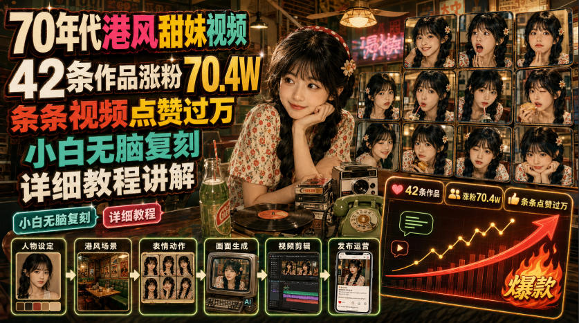 70年代港风甜妹视频,42条作品涨粉70.4W,条条视频点赞过万,小白无脑复刻,详细教程讲解-悠悠云网创