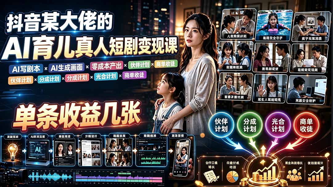 AI育儿真人短剧变现课:AI写剧本×AI生成画面×零成本产出×伙伴计划×分成计划×光合计划×商单收徒-悠悠云网创