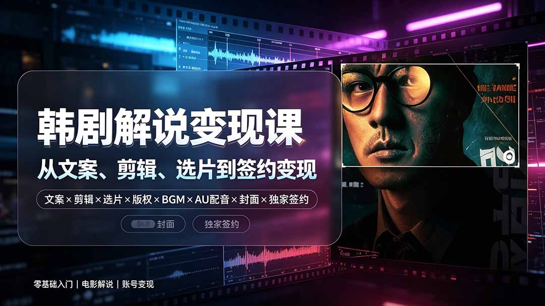 抖音270W粉丝博主亲授韩剧解说课:文案×剪辑×选片×版权×BGM×AU配音×封面×独家签约,零基础到变现-悠悠云网创