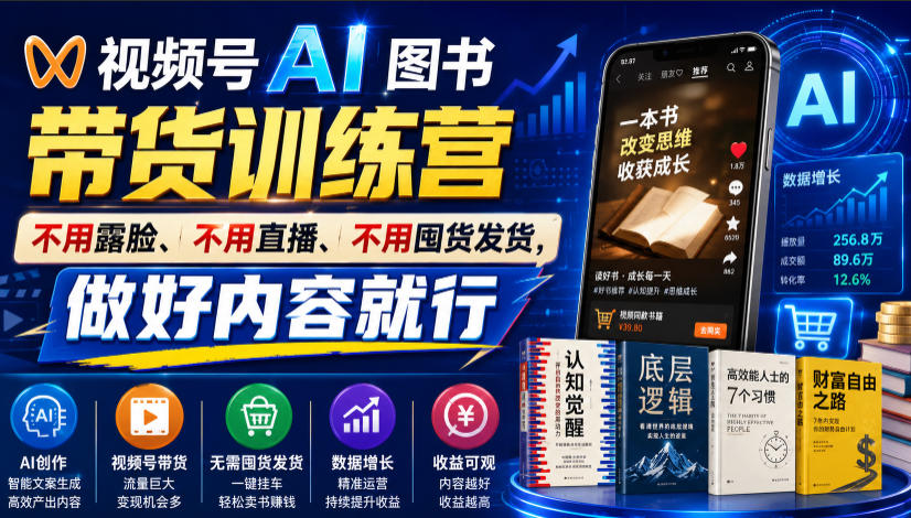 视频号AI图书带货训练营,不用露脸、不用直播、不用囤货发货,做好内容就行,一条爆款视频佣金8942-清风网创