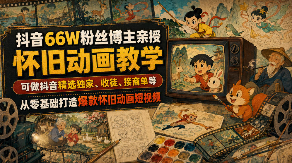 抖音66W粉丝博主亲授怀旧动画教学,可做抖音精选独家、收徒、接商单等,从零基础打造爆款怀旧动画短视频-无忧云网创