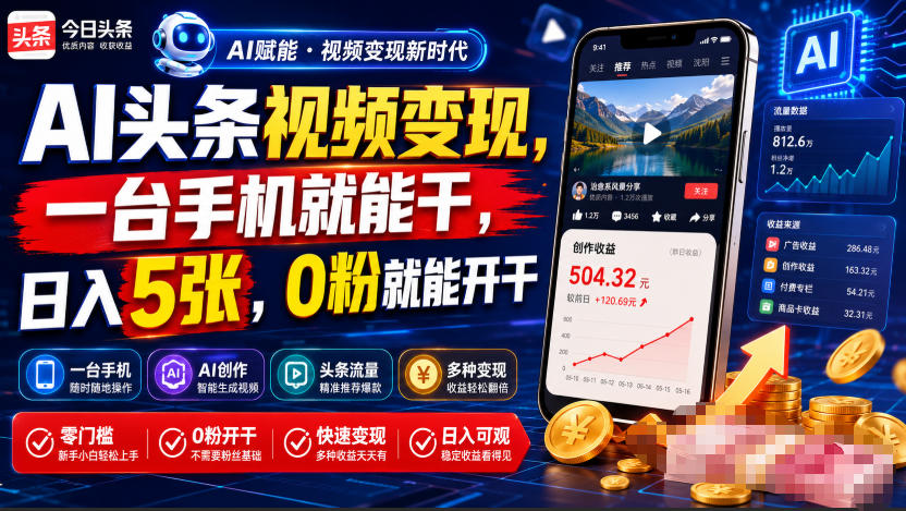 AI头条视频变现,一台手机就能干,日入5张,0粉就能开干-无忧云网创