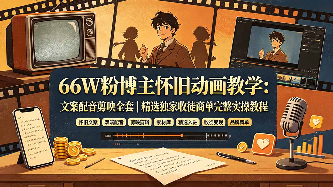 66W粉博主怀旧动画教学:文案配音剪映全套|精选独家收徒商单完整实操教程-清风网创