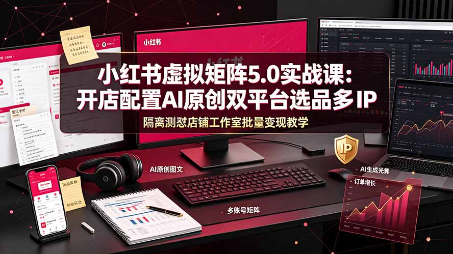 小红书虚拟矩阵5.0实战课:开店配置|AI原创|双平台选品|多IP隔离|测怼店铺工作室批量变现实操教学-优优云网创