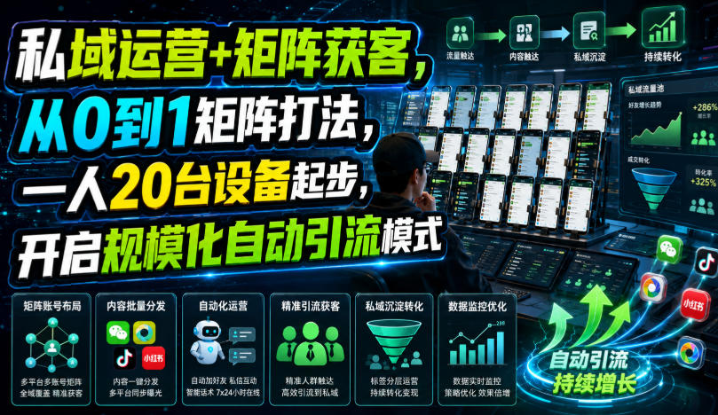私域运营+矩阵获客,从0到1矩阵打法,一人20台设备起步,开启规模化自动引流模式!-清风网创