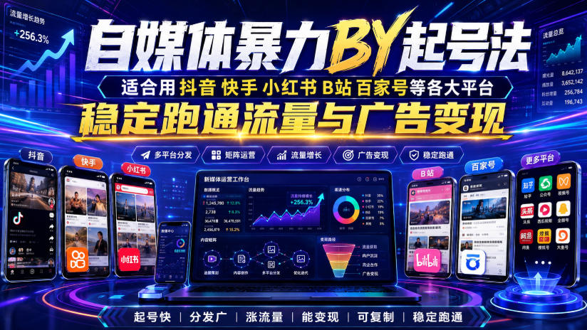 自媒体暴力搬运起号法,适合用抖音快手小红书B站百家号等各大平台,稳定跑通流量与广告变现-蔚蓝分享