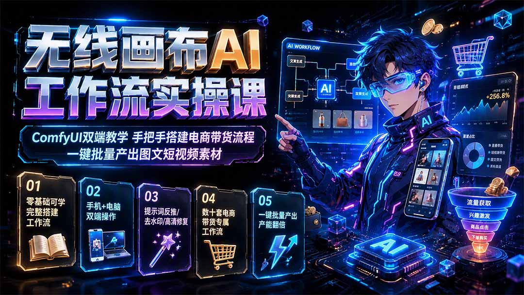 无线画布AI工作流实操课|ComfyUI双端教学,手把手搭建电商带货流程,一键批量产出图文短视频素材-蔚蓝分享