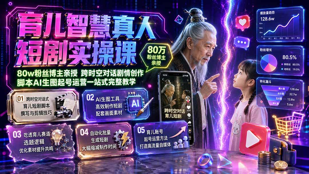 育儿智慧真人短剧实操课|80w粉丝博主亲授,跨时空对话剧情创作,脚本AI生图起号运营一站式完整教学-蔚蓝分享