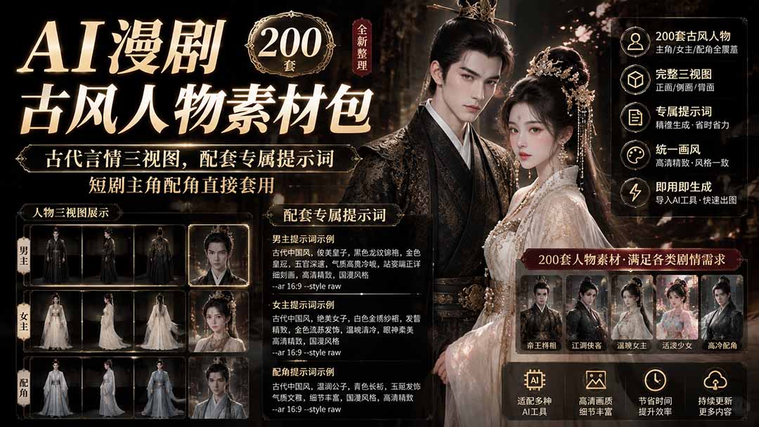 AI漫剧古风人物素材包+提示词|200 套古代言情三视图,配套专属提示词短剧主角配角直接套用-云创网