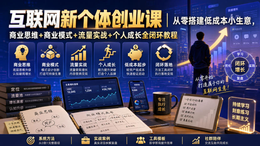 互联网新个体创业课|从零搭建低成本小生意,商业思维+商业模式+流量实战+个人成长全闭环教程-时光云网创
