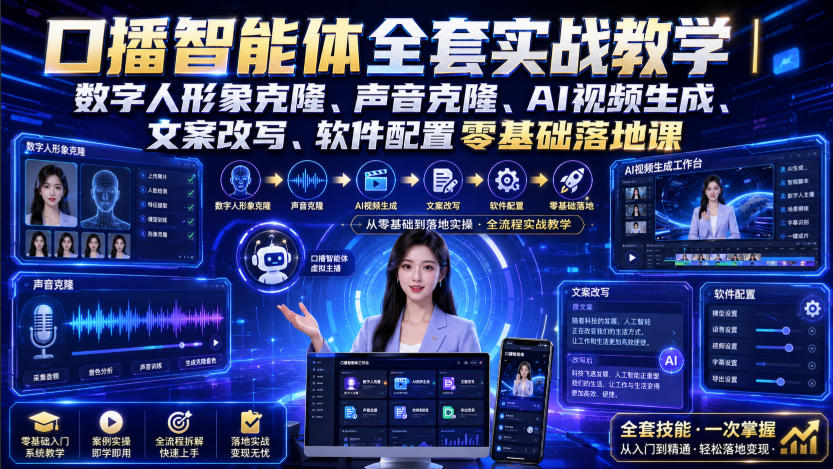 口播智能体全套实战教学|数字人形象克隆、声音克隆、AI视频生成、文案改写、软件配置零基础落地课-时光云网创