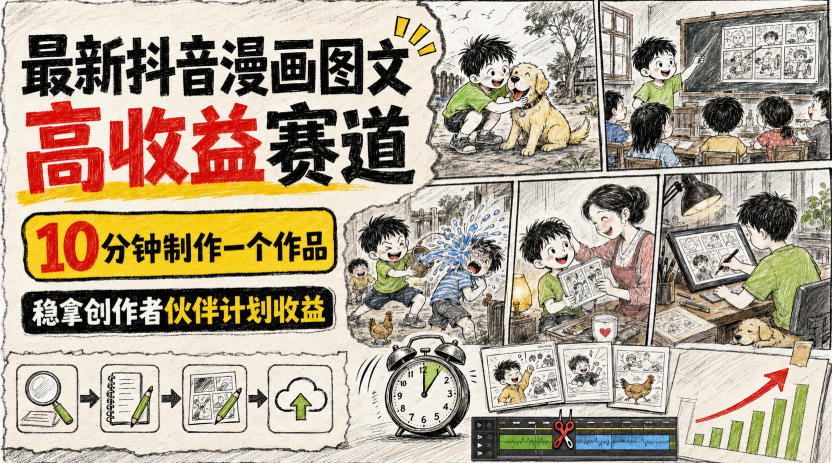 最新抖音漫画图文高收益赛道,10分钟制作一个作品,稳拿创作者伙伴计划收益-时光云网创