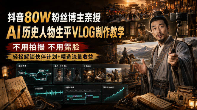 抖音80W粉丝博主的AI历史人物生平VLOG教学,不用拍摄不用露脸,AI帮你搞定,轻松解锁伙伴计划+精选收益-时光云网创
