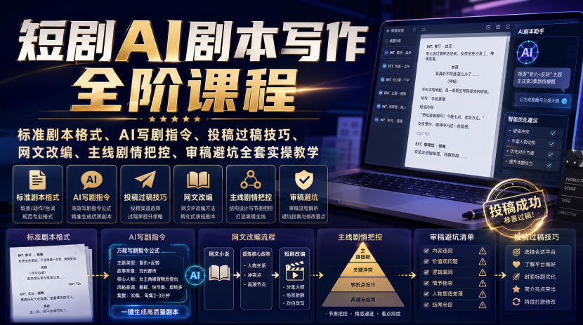 短剧AI剧本写作全阶课程|标准剧本格式、AI写剧指令、投稿过稿技巧、网文改编、主线剧情把控、审稿避坑全套实操教学-时光云网创