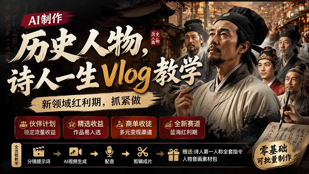 历史人物,诗人一生Vlog教学, AI制作丨伙伴计划丨精选收益丨商单收徒 ,新领域红利期,抓紧做-青山烟雨客网创