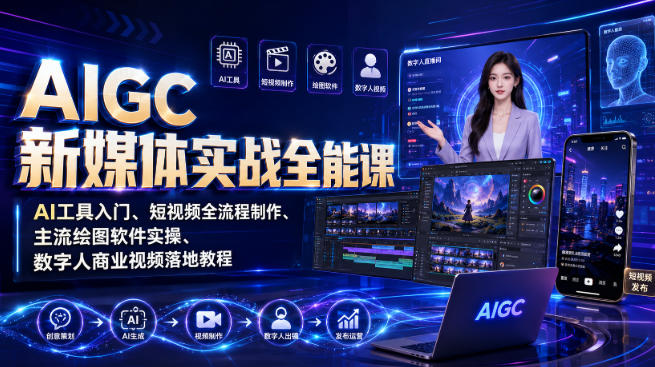 AIGC新媒体实战全能课|AI工具入门、短视频全流程制作、主流绘图软件实操、数字人商业视频落地教程-自由人网创