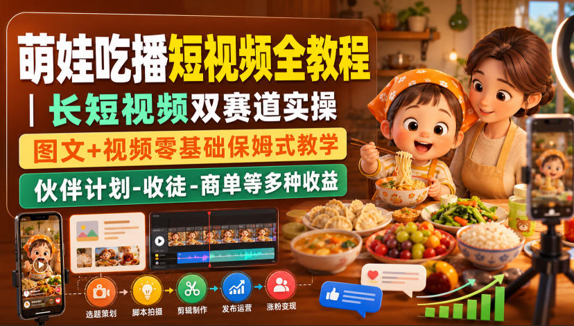 萌娃吃播短视频全教程|长短视频双赛道实操,图文+视频零基础保姆式教学,伙伴计划-收徒-商单等多种变现方式-自由人网创