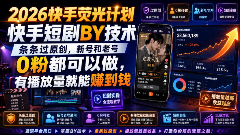 2026快手荧光计划,快手短剧搬运技术,条条过原创,新号和老号0粉都可以做,有播放量就能賺到钱-自由人网创