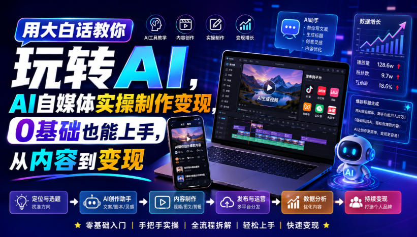 用大白话教你玩转AI,AI自媒体实操制作变现,0基础也能上手,从内容到变现-青山烟雨客网创