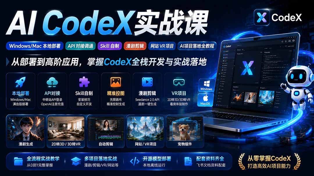 AI CodeX实战课|Windows/Mac 本地部署|API 对接调通|Skill 自制|漫剧剪辑|网站 VR 项目|AI项目落地全教程-百泉云网创
