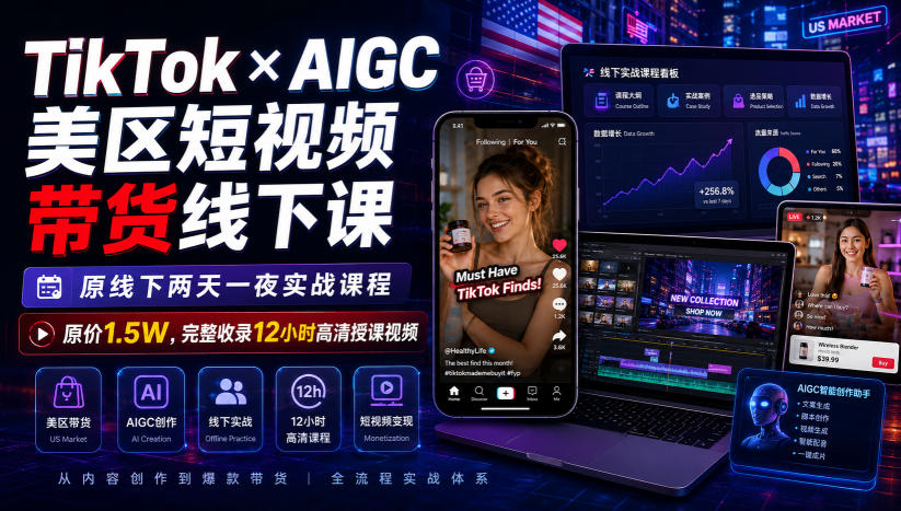 TikTok×AIGC美区短视频带货线下课,原线下两天一夜实战课程,原价1.5W,完整收录12小时高清授课视频-优优云网创