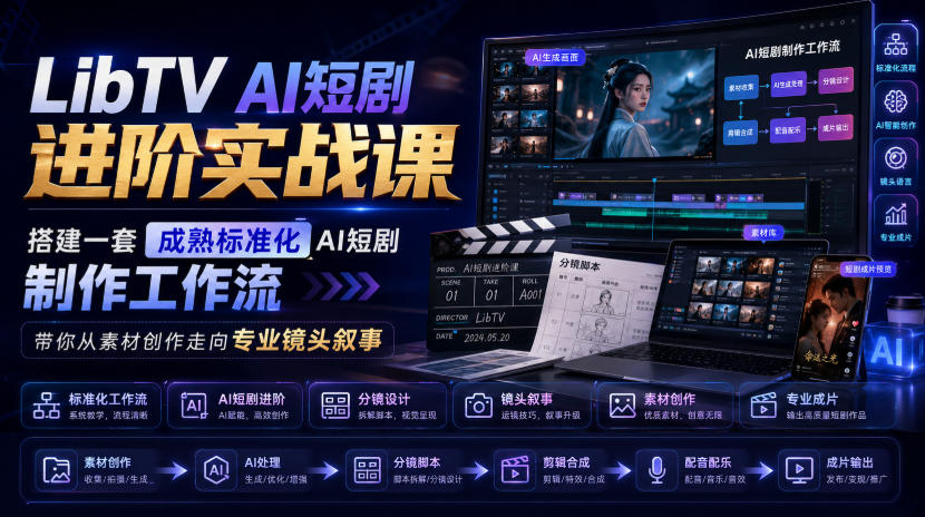 LibTV AI短剧进阶实战课,搭建一套成熟标准化AI短剧制作工作流,带你从素材创作走向专业镜头叙事-优优云网创