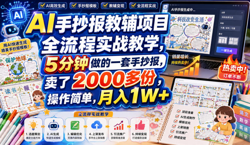 AI手抄报教辅项目全流程实战教学,5分钟做的一套手抄报,卖了2000多份,操作简单,月入1W+-优优云网创