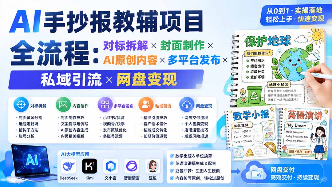 AI手抄报教辅项目全流程:对标拆解×封面制作×AI原创内容×多平台发布×私域引流×网盘变现-优优云网创
