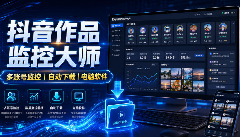 抖音作品监控大师,多账号监控丨自动下载丨电脑软件-自由人网创