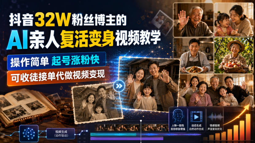 抖音32W粉丝博主的AI亲人复活变身视频教学,操作简单,起号涨粉快,可收徒接单代做视频变现-清风网创