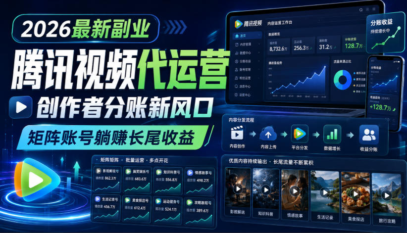 2026最新副业之腾讯视频代运营:创作者分账新风口,矩阵账号躺賺长尾收益【揭秘】-柚子云网创