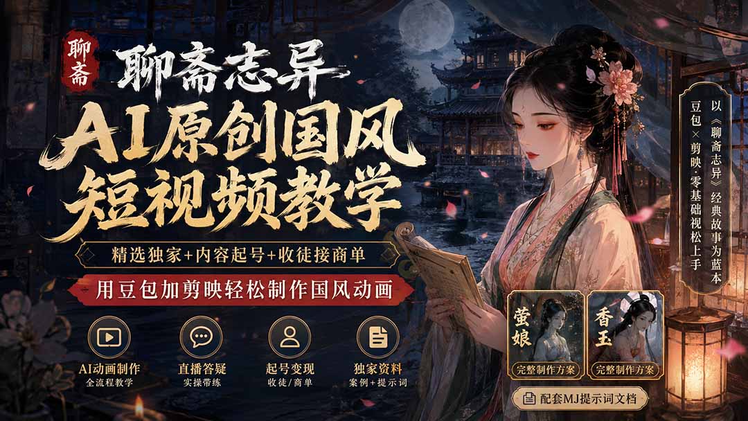 聊斋志异AI原创国风短视频教学;精选独家+内容起号+收徒接商单,用豆包加剪映轻松制作国风动画-柚子云网创