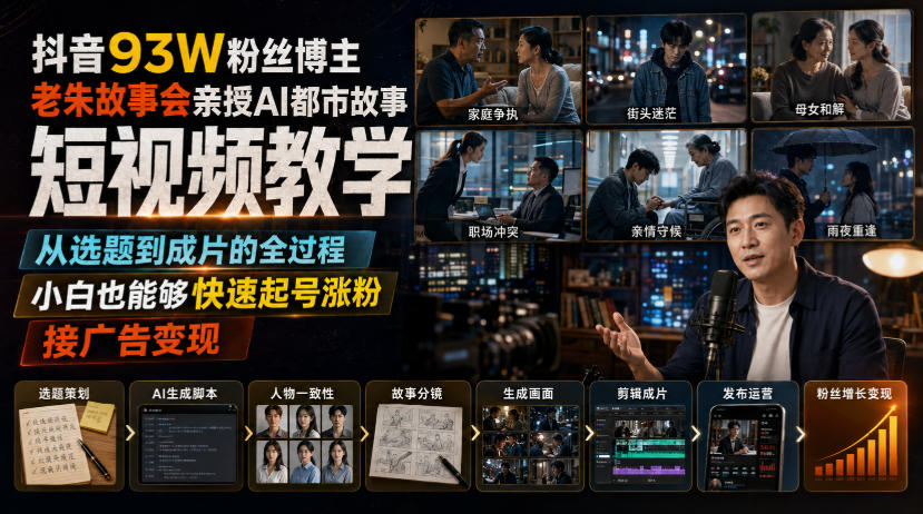 抖音93W粉丝博主老朱故事会亲授AI都市故事短视频教学,从选题到成片的全过程,小白也能够快速起号涨粉接广告变现-自由人网创