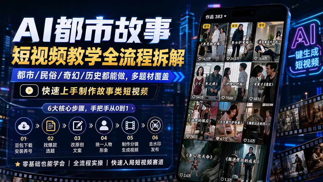 AI都市故事短视频教学全流程拆解；都市/民俗/奇幻/历史都能做多题材覆盖，快速上手制作故事类短视频-清风网创