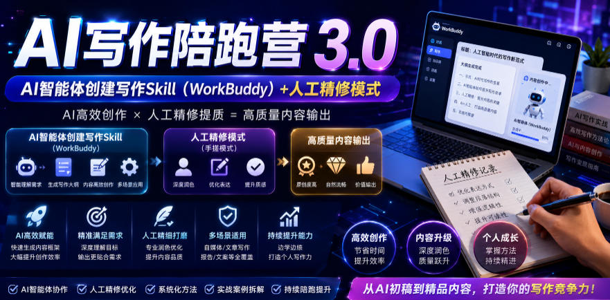 AI写作陪跑营3.0,Ai智能体创建写作skill(workbuddy)+人工手写模式(手搓模式),去除AI痕迹(头条号、公众号、百家号)(更新0814)-云网创