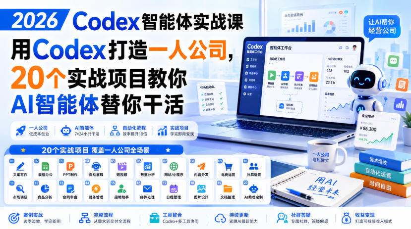 2026 Codex智能体实战课,用Codex打造一人公司,20个实战项目教你AI智能体替你干活-自由人网创
