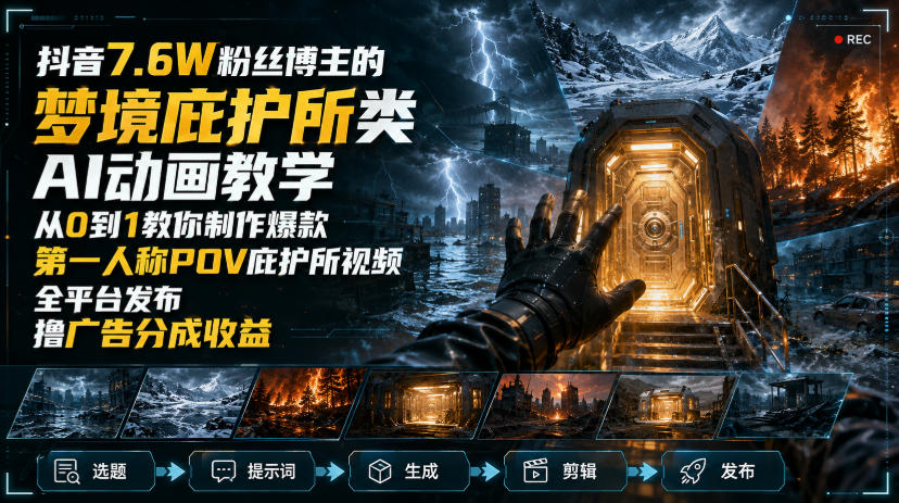 抖音7.6W粉丝博主的梦境庇护所类AI动画教学,从0到1教你制作爆款第一人称POV庇护所视频,全平台发布撸广告分成收益-清风网创