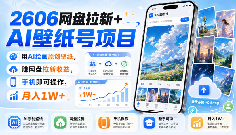 2606网盘拉新+AI壁纸号项目,用AI绘画原创壁纸,賺网盘拉新收益,手机即可操作,月入1W+-清风网创